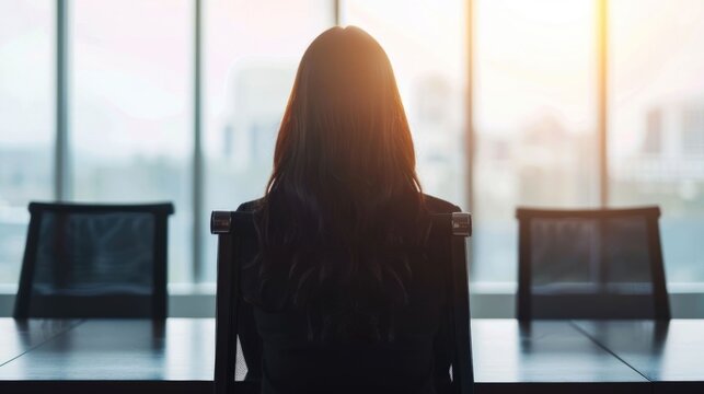 Back view of a professional woman in a bright modern office boardroom seated at a table with sunlight streaming through large  symbolizing contemplation or prepa n