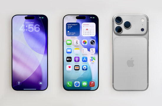 Kuala Lumpur, Malaysia - November 5, 2025: Apple iPhone 17 pro showing locked screen, home screen and back side of the phone
