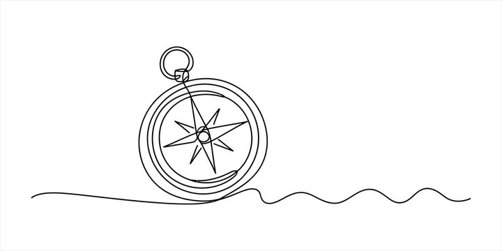 Continuous single line drawing of a navigation compass showing direction and travel adventure concept art in a simple minimalist black and white style