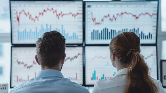 Team of business professionals a man and a woman intently focused on reviewing complex financial charts and market data on multiple monitors suggesting in depth analysis and strategic planning