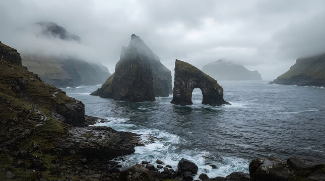 Dramatic landscape of drangarnir sea stacks in the faroe islands under a cloudy sky