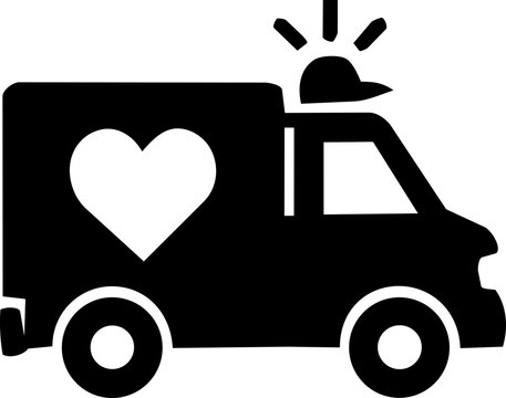 Minimalist ambulance icon with heart symbol representing International Day for Interventional Cardiology in stark black white style