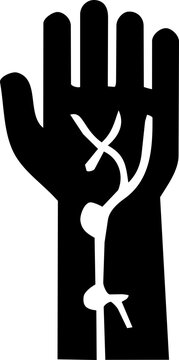 International Day for Interventional Cardiology icon featuring human hand silhouette with arterial vascular pathways in high contrast black