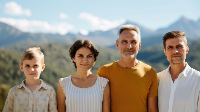 A multigene nal family group smiles and poses for a memorable portrait in front of a breathtaking scenic mountain viewpoint on a sunny day