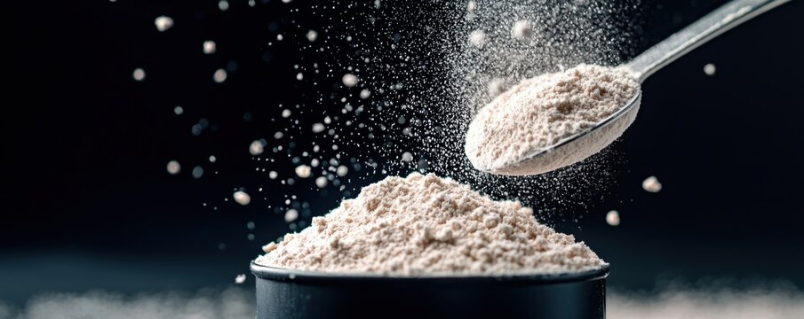 Scooping protein powder for nutrition supplementation kitchen setting food preparation focus on metabolism benefits