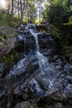 Forest Waterfall on Trail to Kleiner Falkenstein in Bavarian Forest National Park, Germany