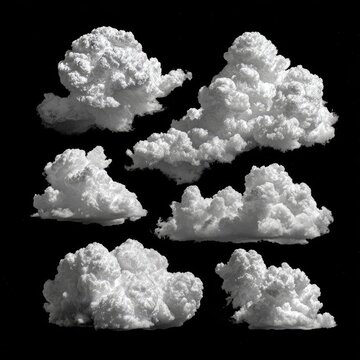 Nine white cumulus clouds against a black background