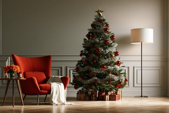Festive christmas living room corner with a decorated tree, red velvet armchair, gifts, and floor lamp in a classic interior with wall molding