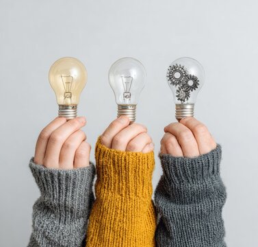 Three hands hold light bulbs, one with gears, representing collaboration and innovation