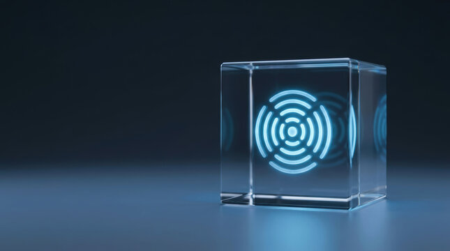 Transparent cube with glowing blue circular pattern on dark background representing esg framework and goals for sustainable development