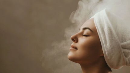 Fototapeta premium Serene woman with eyes closed a white towel wrapped around her head experiencing the soothing benefits of a facial steam treatment for enhanced skin wellness and rejuvenation