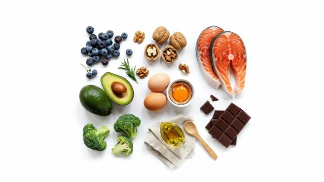 Healthy organic food composition of salmon berries broccoli eggs nuts chocolate arranged on white surface with broccoli, blueberries