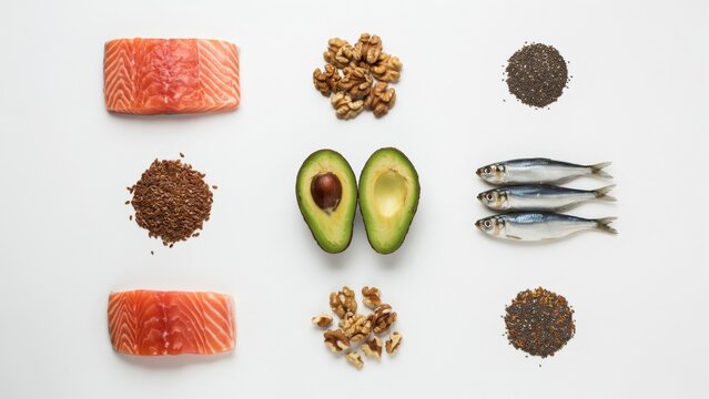 Flat lay of healthy superfood selection including salmon fillets avocado nuts seeds small fish on white background with superfood