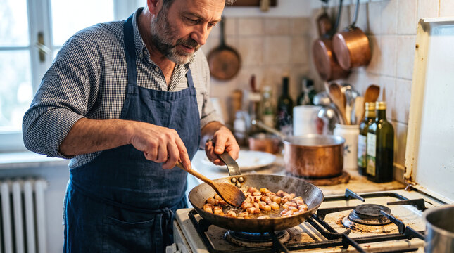 Mature Italian man frying crispy guanciale in a pan to make amatriciana sauce
