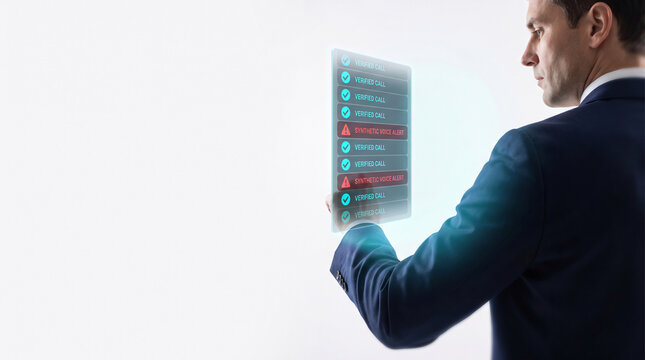 Executive reviewing tampered digital data with advanced AI fraud detection, identifying malicious deepfake and voice cloning security threats