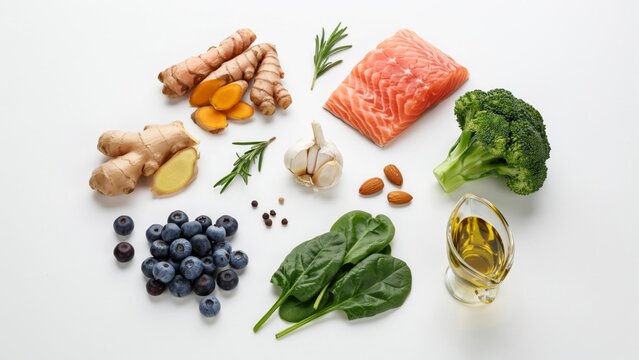 Assortment of fresh healthy food ingredients including salmon broccoli turmeric ginger berries greens with broccoli turmeric rosemary