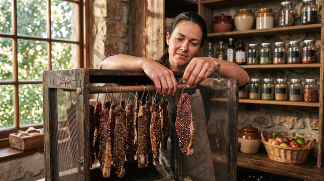 Woman hanging spiced beef biltong strips to dry in a rustic wooden cabinet.