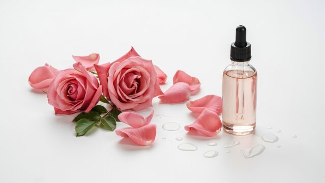 Pink rose flower essential oil and petals on white background with essential skincare fragrance cosmetic wellness botanical