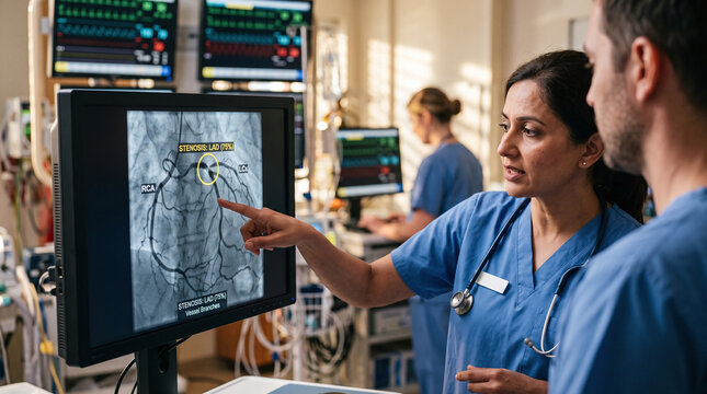 Female cardiologist pointing at coronary angiogram screen in cath lab.