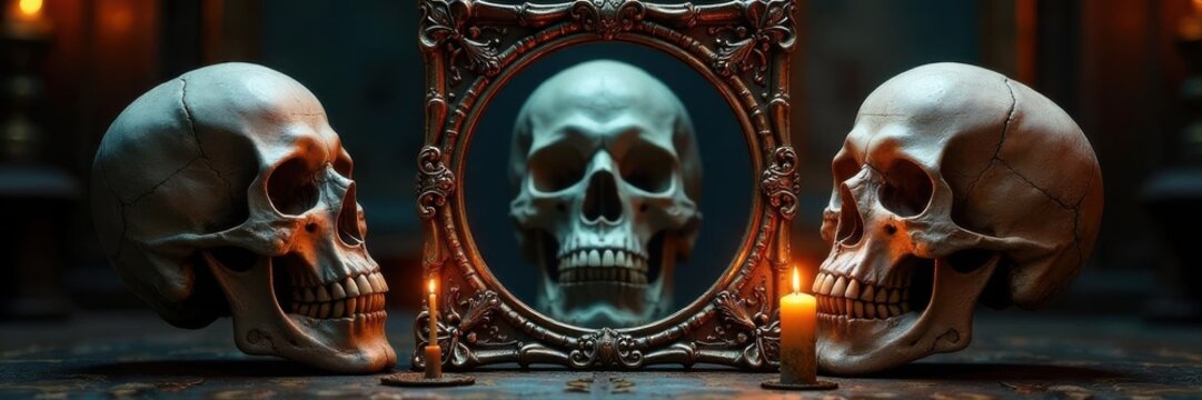 Ornate gothic mirror reflects candlelight on skulls , vintage, dark art