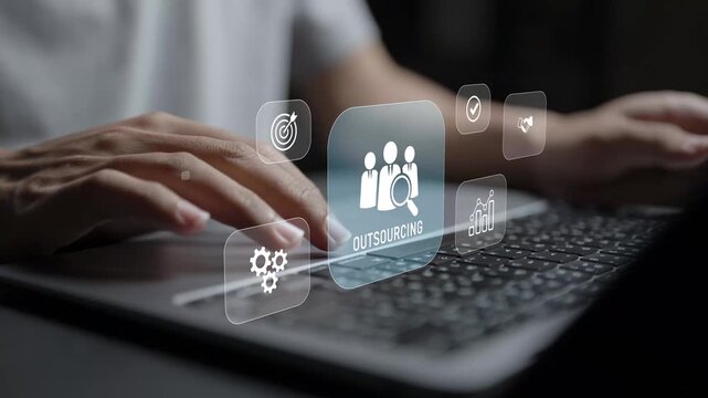 Outsourcing concept. Person using laptop with business services and collaboration icons, external service providers, cost reduction, operational efficiency and business management.