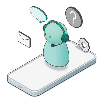 Isometric customer support concept with headset character and phone