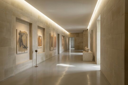 An museum corridor featuring beige stone walls with recessed niches displaying framed abstract paintings and a sculptural ceramic vase