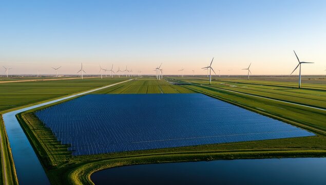 Expansive Wind Farm and Water Reservoir Under a Clear Sky.
