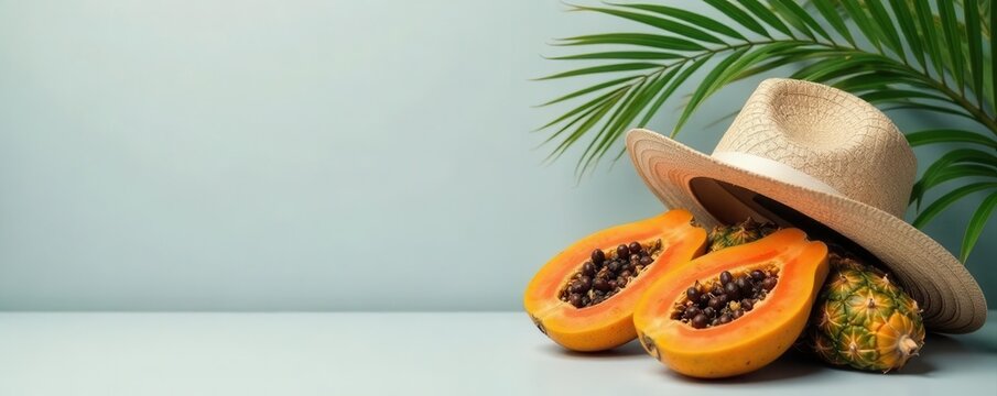 Pastel gray backdrop featuring a stylish summer hat, ripe papaya and pineapple, surrounded by lush tropical palm leaves , exotic, image