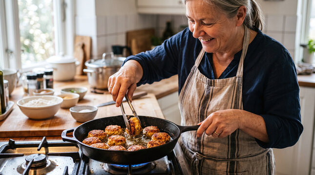 Smiling senior woman frying Danish frikadeller meatballs in cast iron skillet.