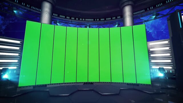 High-Tech Curved LED Screen Virtual Television Studio Set with Chroma Key Green Wall Placeholder and Global Network World Map Backdrop
