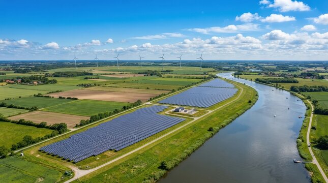 Aerial view of a solar farm and wind turbines in a rural landscape