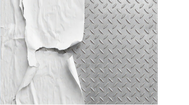 Industrial metal diamond plate background, torn white paper texture overlay, metallic steel surface with ripped paper edge isolated on Transparent Background
