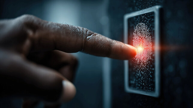 Finger scanning on biometric device for secure building entry identity authentication access control data protection cybersecurity technology smart workplace security and controlled access concept