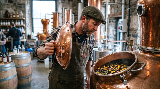 Artisanal distiller inspecting gin botanicals inside a copper pot still