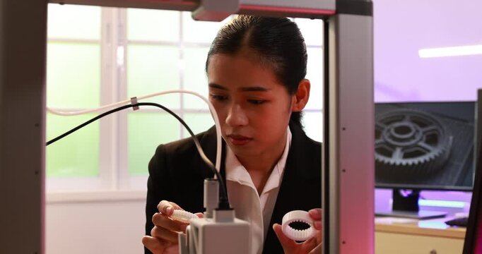 Young female technician in a hard hat and safety vest examining a small part indoors