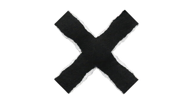 Torn black paper cross on white, ripped paper scraps forming an X mark, grunge textured cross symbol for collage design isolated on Transparent Background