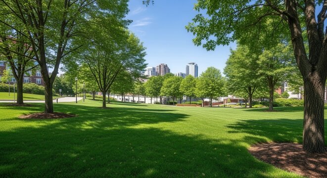 Lush Green City Park With Distant Urban Skyline