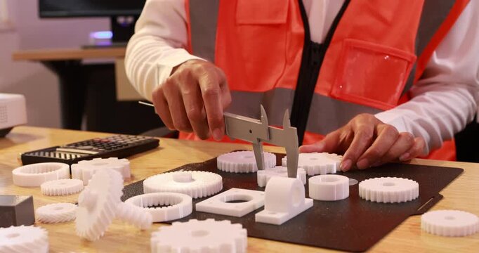 Worker measuring 3d printed plastic parts with a caliper on a desk in a workshop