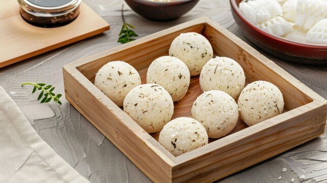 Close up view of perfectly round herb flecked balls presented in a rustic wooden box set against a grey textured surface highlighting fresh ingredients for culinary prepa n