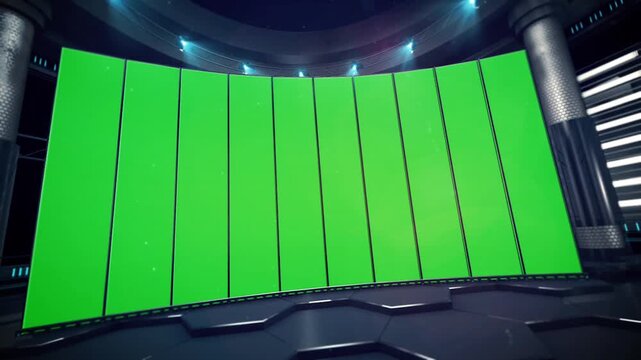 3D Virtual News Studio Environment with Curved Green Screen Video Wall Placeholder and Metallic High-Tech Broadcast Stage Background