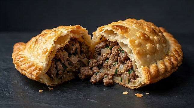 Delicious golden brown flaky empenadas with savory meat filling served on a dark slate background for premium commercial food advertising and menus.