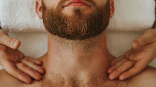 Close up of a man with a beard receiving a gentle and therapeutic neck massage promoting relaxation and stress relief in a calming wellness environment