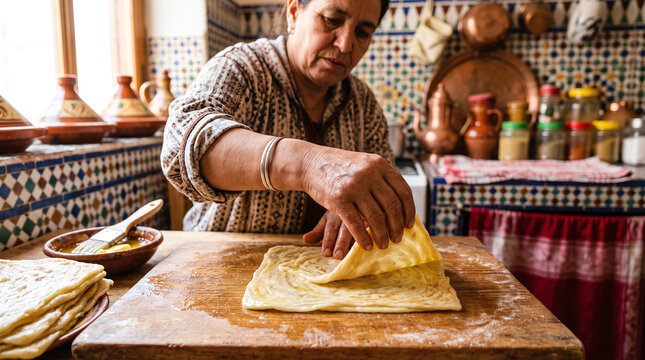 Traditional Moroccan woman making homemade msemen flatbread in her kitchen