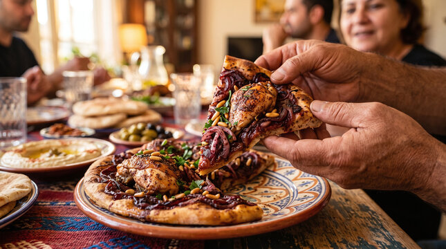 Hand holding a slice of traditional Palestinian musakhan chicken flatbread