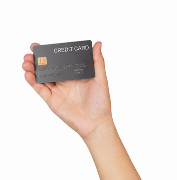 Hand hold credit card isolated on white background.