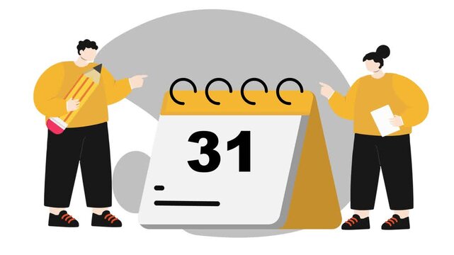 Flat illustration of people with large desk calendar showing zero 2D animation