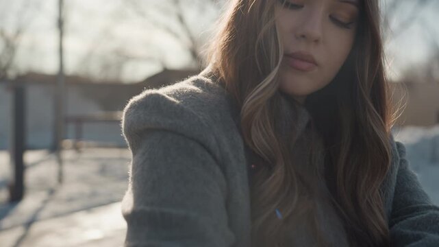 Woman cleaning outdoors. Young lady removing lint outside. Young woman grooming while outdoors in snowy environment. Young woman uses roller to eliminate lint in wintery outdoor park setting