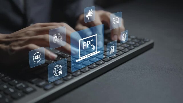 PPC advertising campaign management concept. Person typing keyboard with search ads and performance analytics icons, keyword bidding, conversion tracking and marketing optimization.