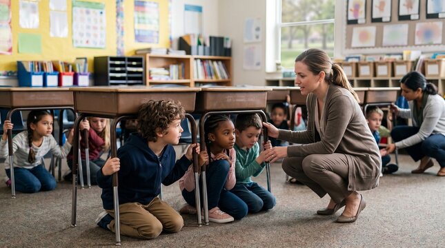 Teacher guides students in earthquake drill under desks in classroom for safety education